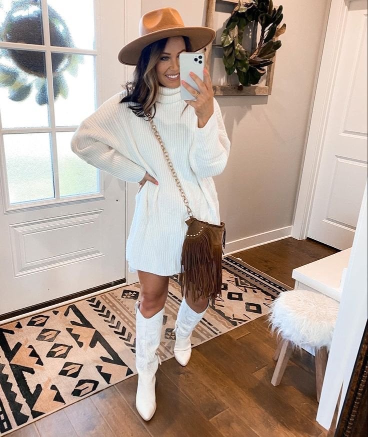 Oversized White Turtleneck Sweater Dress with Boots — Classy Sweater Outfits for Women
