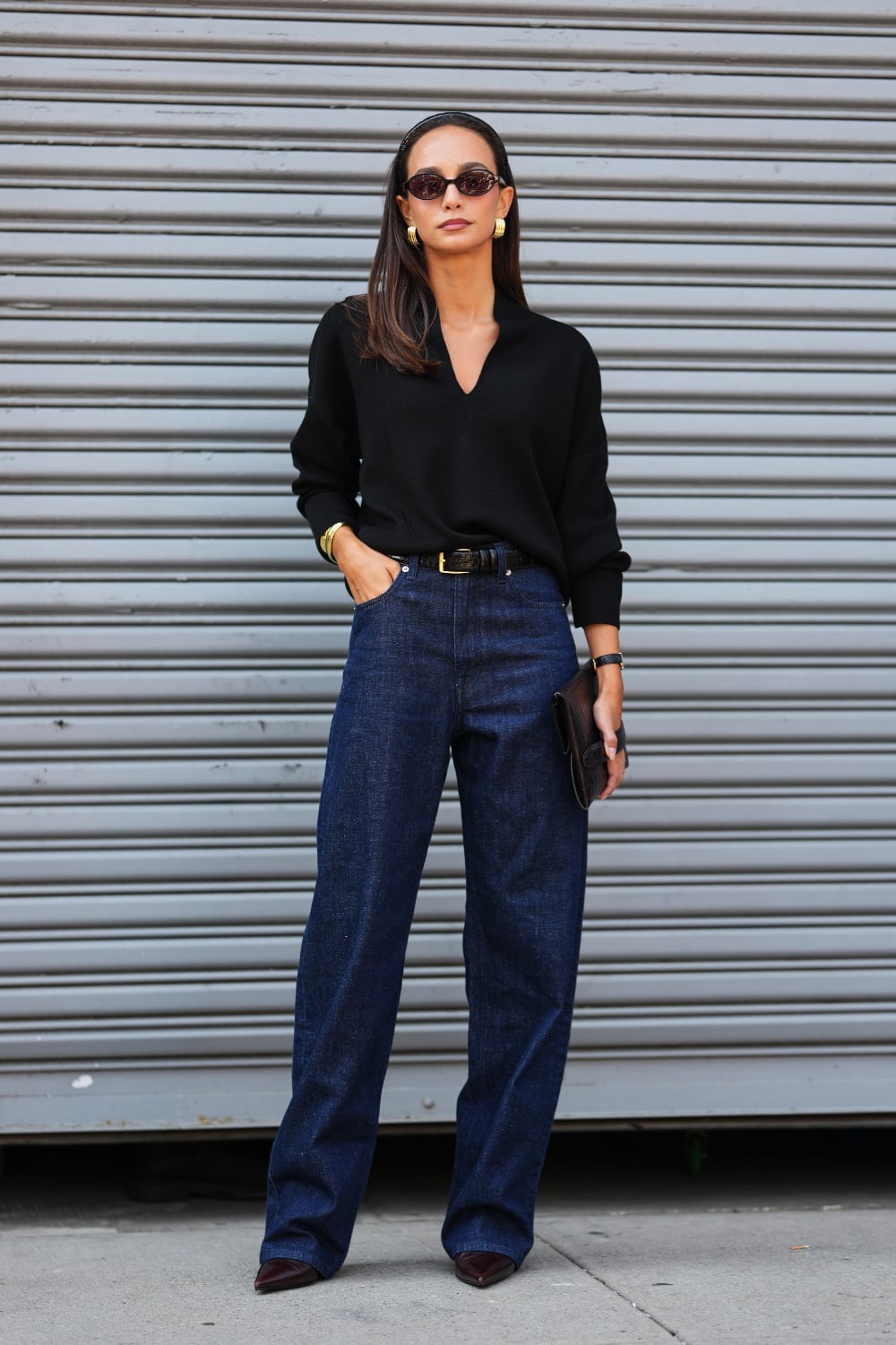 Relaxed V-Neck Sweater with Wide-Leg Jeans — Classy Sweater Outfits for Women