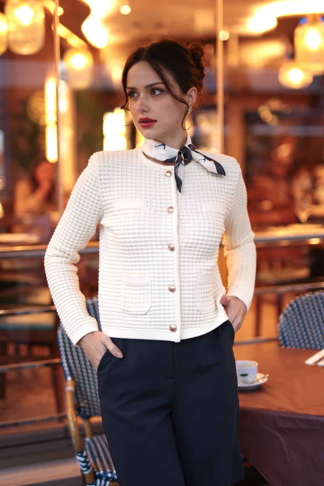 Cream Button-Front Cardigan with Patterned Scarf — Classy Sweater Outfits for Women