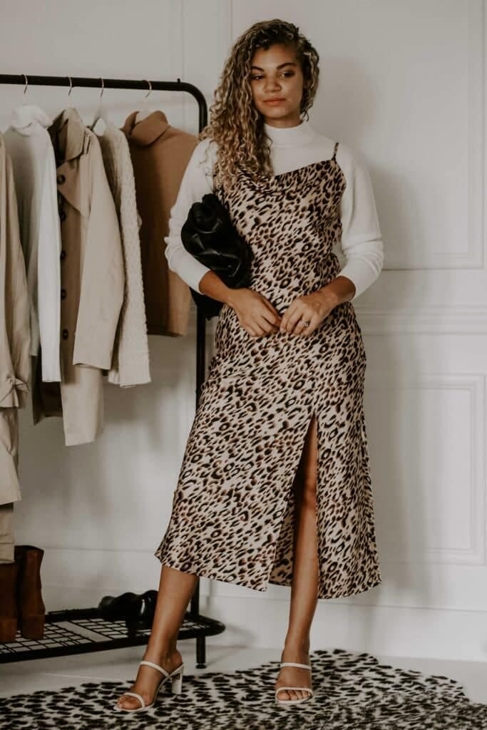 Sweater Under a Leopard Print Slip Dress — Classy Sweater Outfits for Women