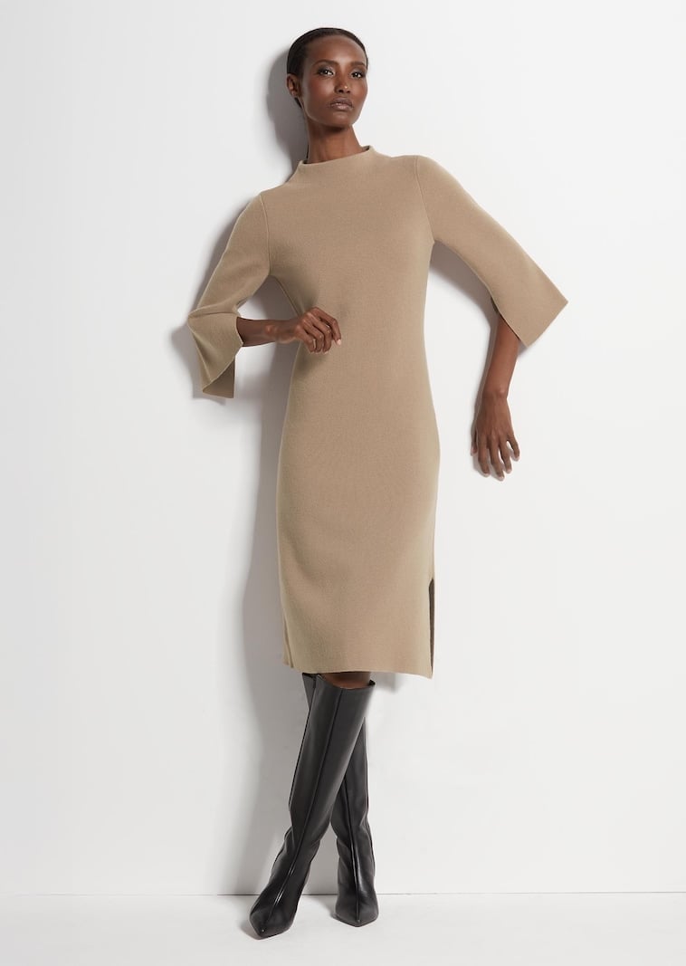 Tan Knitted Midi Dress with Bell Sleeves — Classy Tan Dress