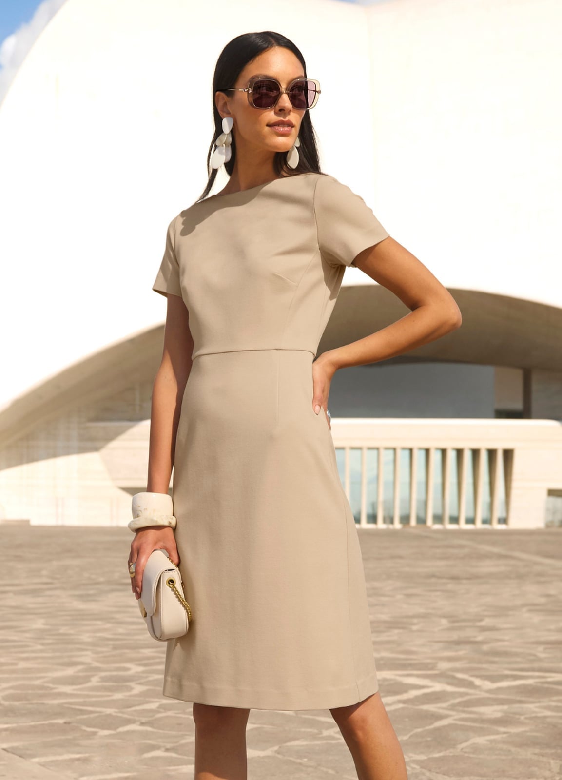 Chic Beige Sheath Dress with Minimalist Silhouette — Classy Tan Dress