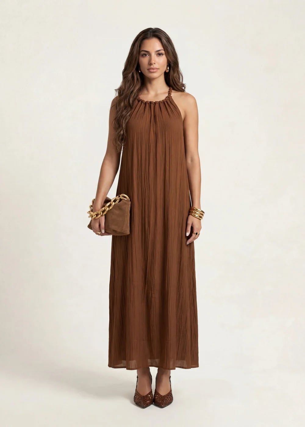 Flowy Brown Maxi Dress with Braided Halter Neckline — Classy Tan Dress