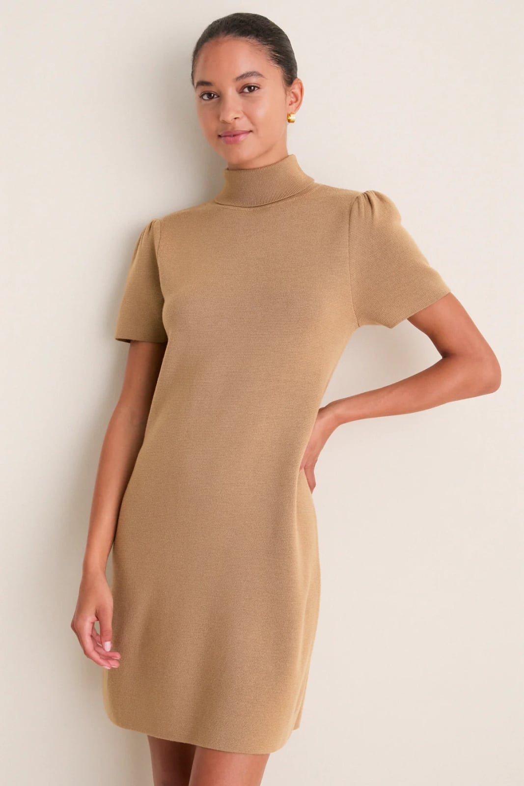 Tan Knit Turtleneck Mini Dress with Puff Sleeves — Classy Tan Dress