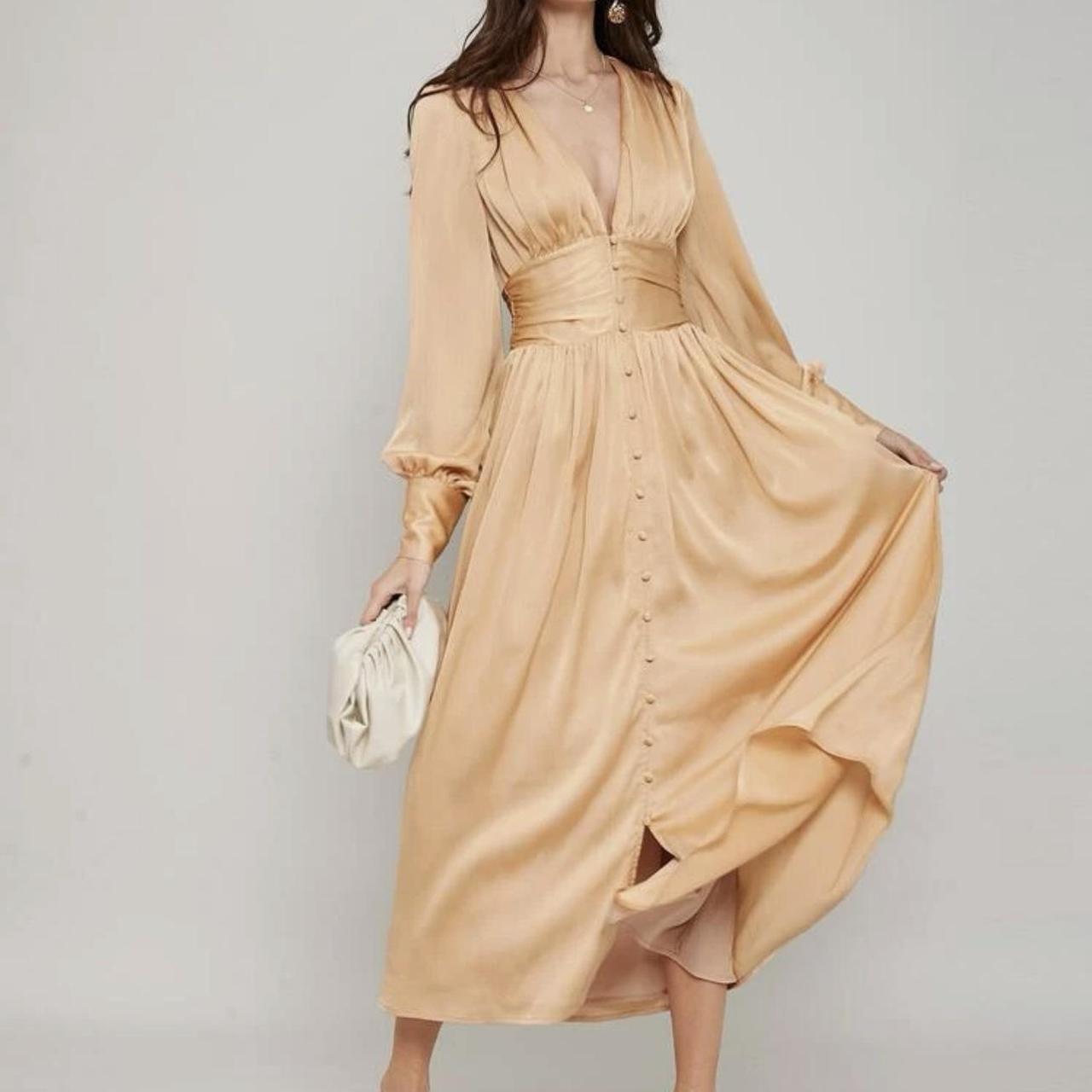 Tan Satin Long Sleeve Dress with Button Front — Classy Tan Dress