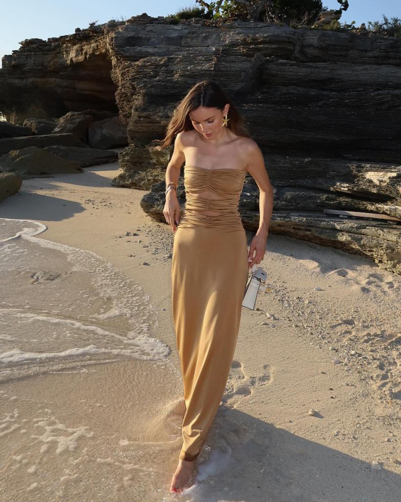 Tan Strapless Ruched Maxi Dress for Beach Vacations — Classy Tan Dress