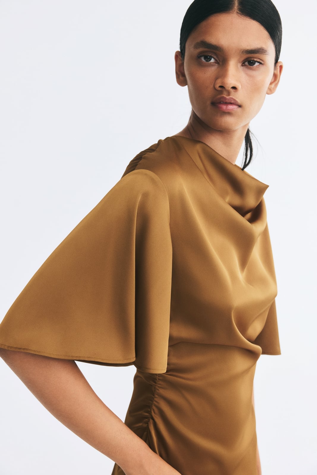Gold-Tan Satin Dress with Draped Neckline and Ruched Side — Classy Tan Dress