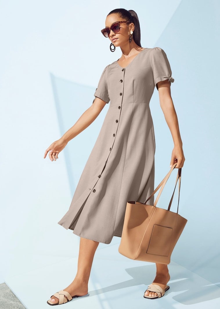 Taupe Button-Front Midi Dress with Linen Blend Fabric — Classy Tan Dress
