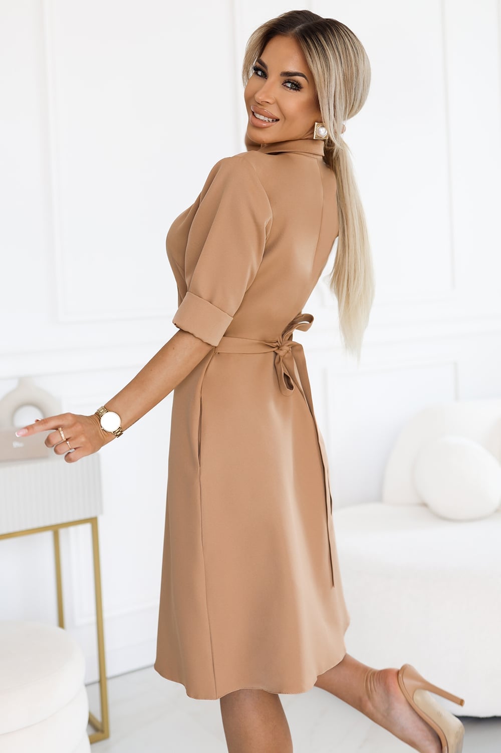 Tan Textured Shirt Dress with Flared Skirt and Tie-Back Belt — Classy Tan Dress