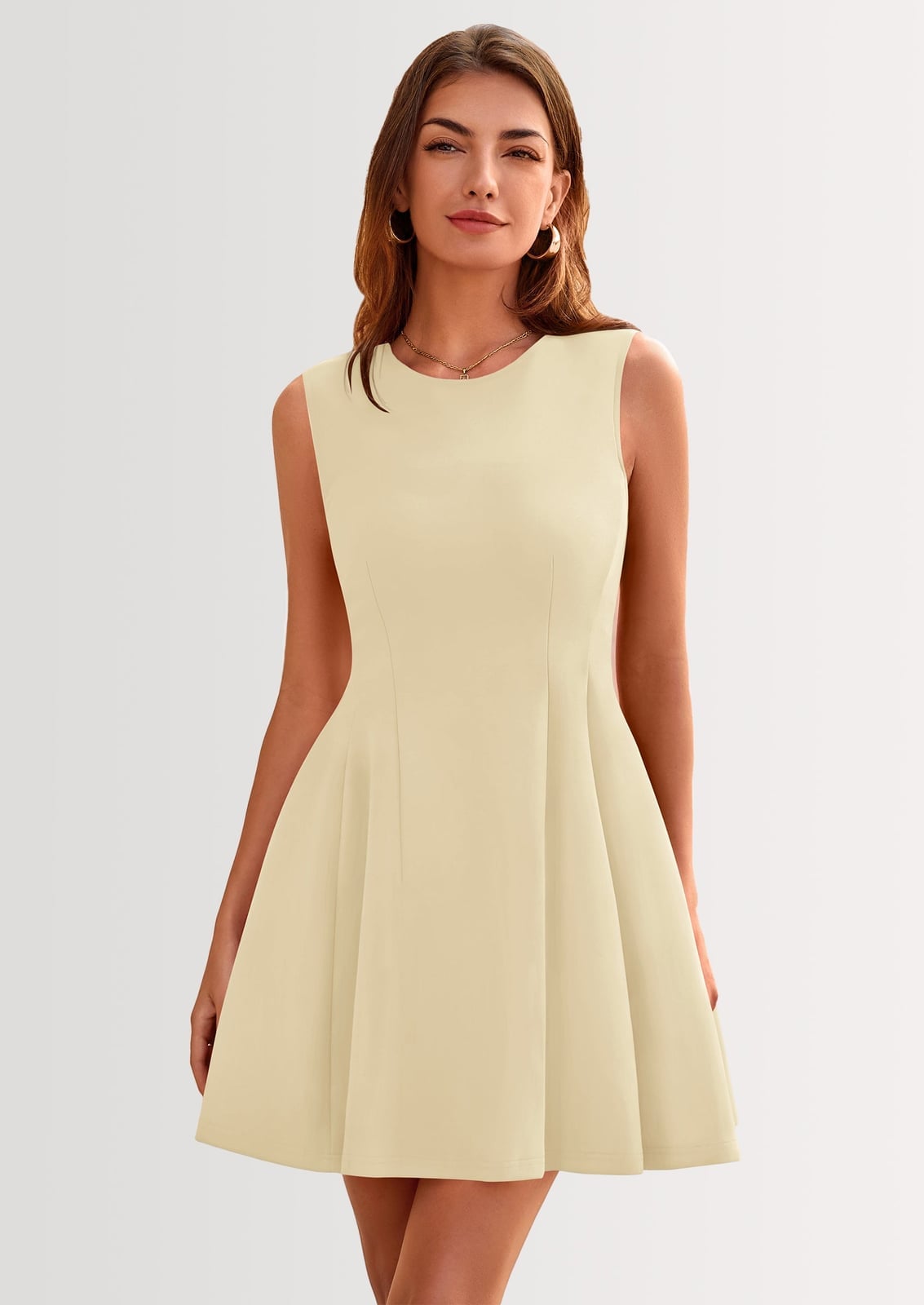 Sleeveless Pale Yellow A-Line Dress with Flared Skirt — Classy Tan Dress