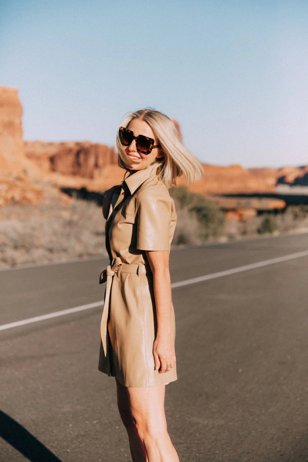 Tan Faux Leather Shirt Dress with Matching Belt — Classy Tan Dress