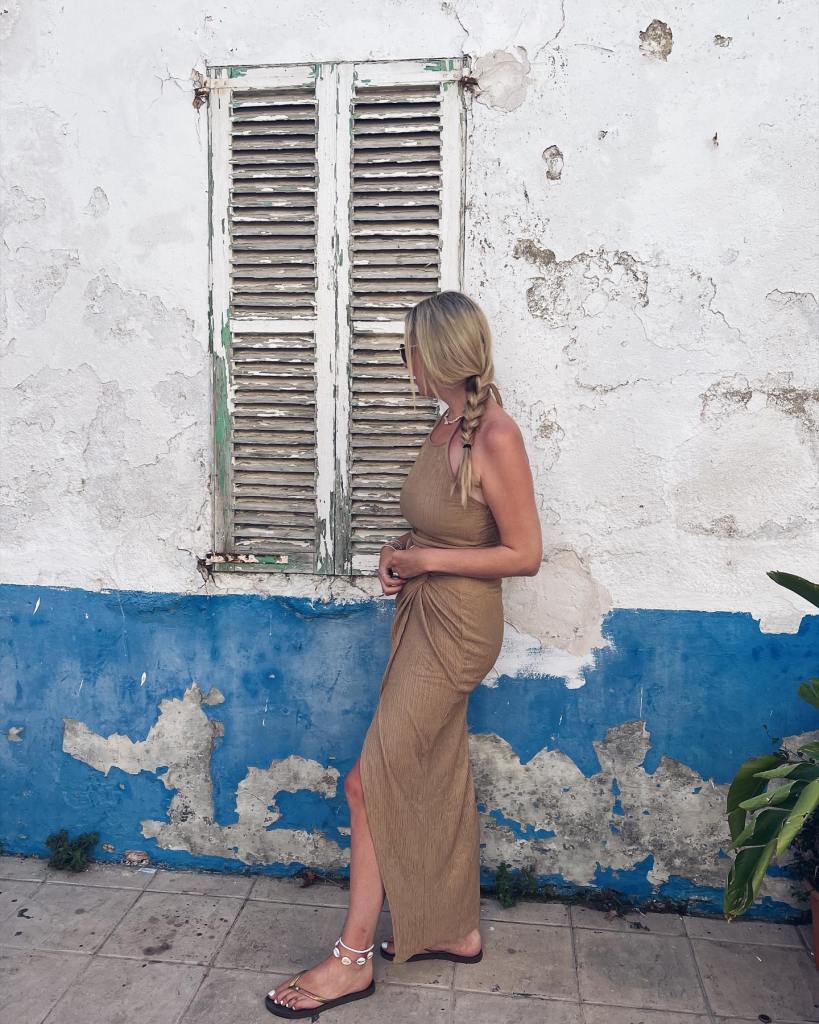 Tan One-Shoulder Ruched Maxi Dress for Beach Vacations — Classy Tan Dress
