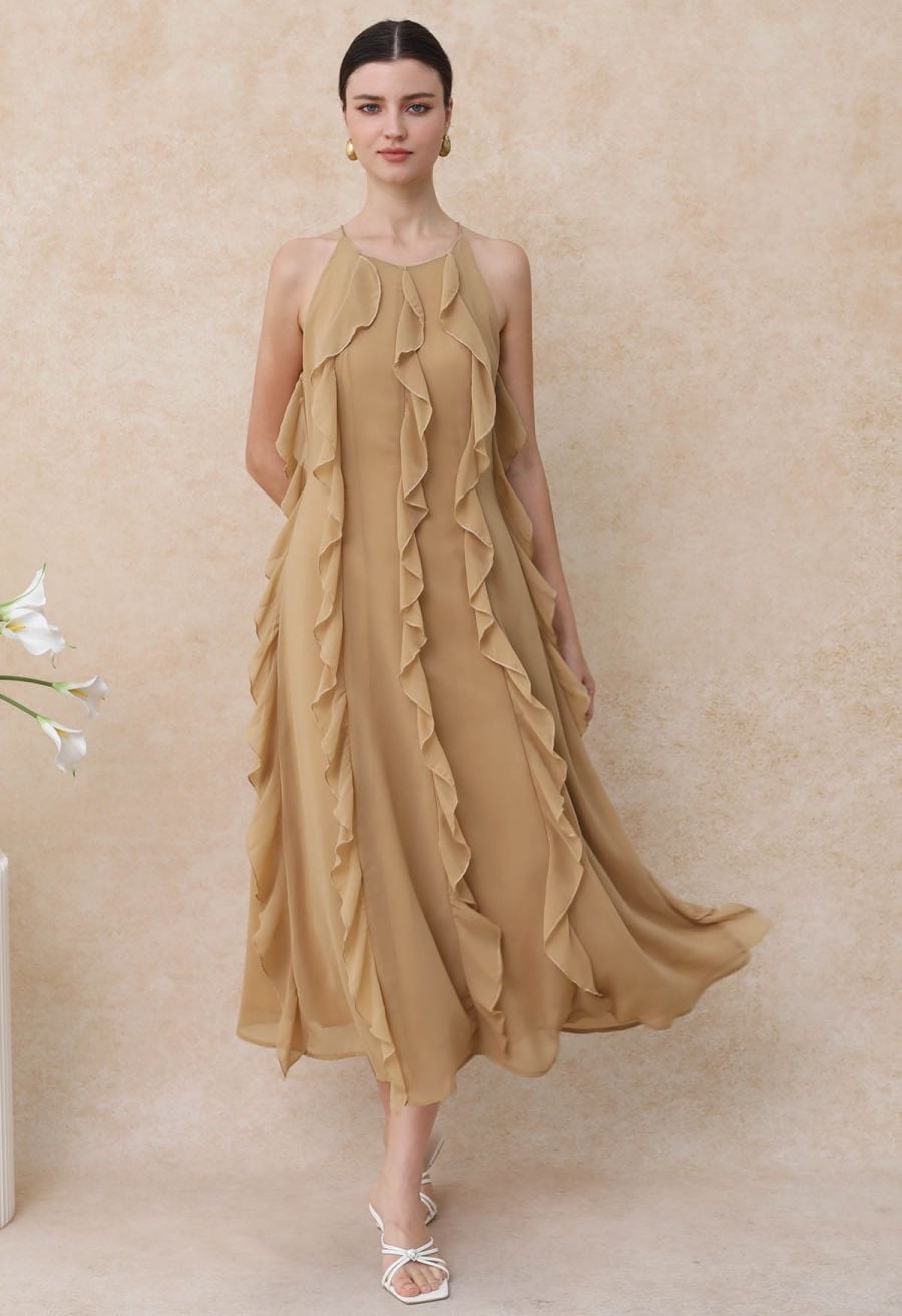 Flowy Tan Halter Neck Maxi Dress with Cascading Ruffles — Classy Tan Dress