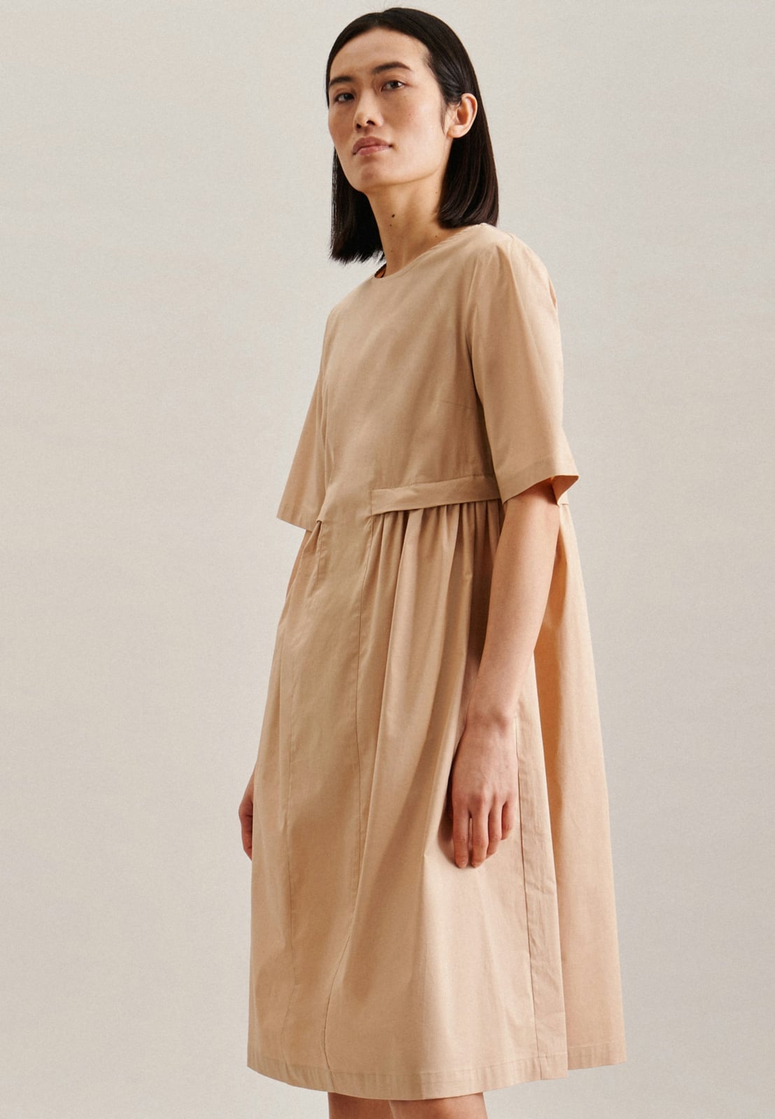 Beige Short-Sleeved Midi Dress with Gathered Waist — Classy Tan Dress