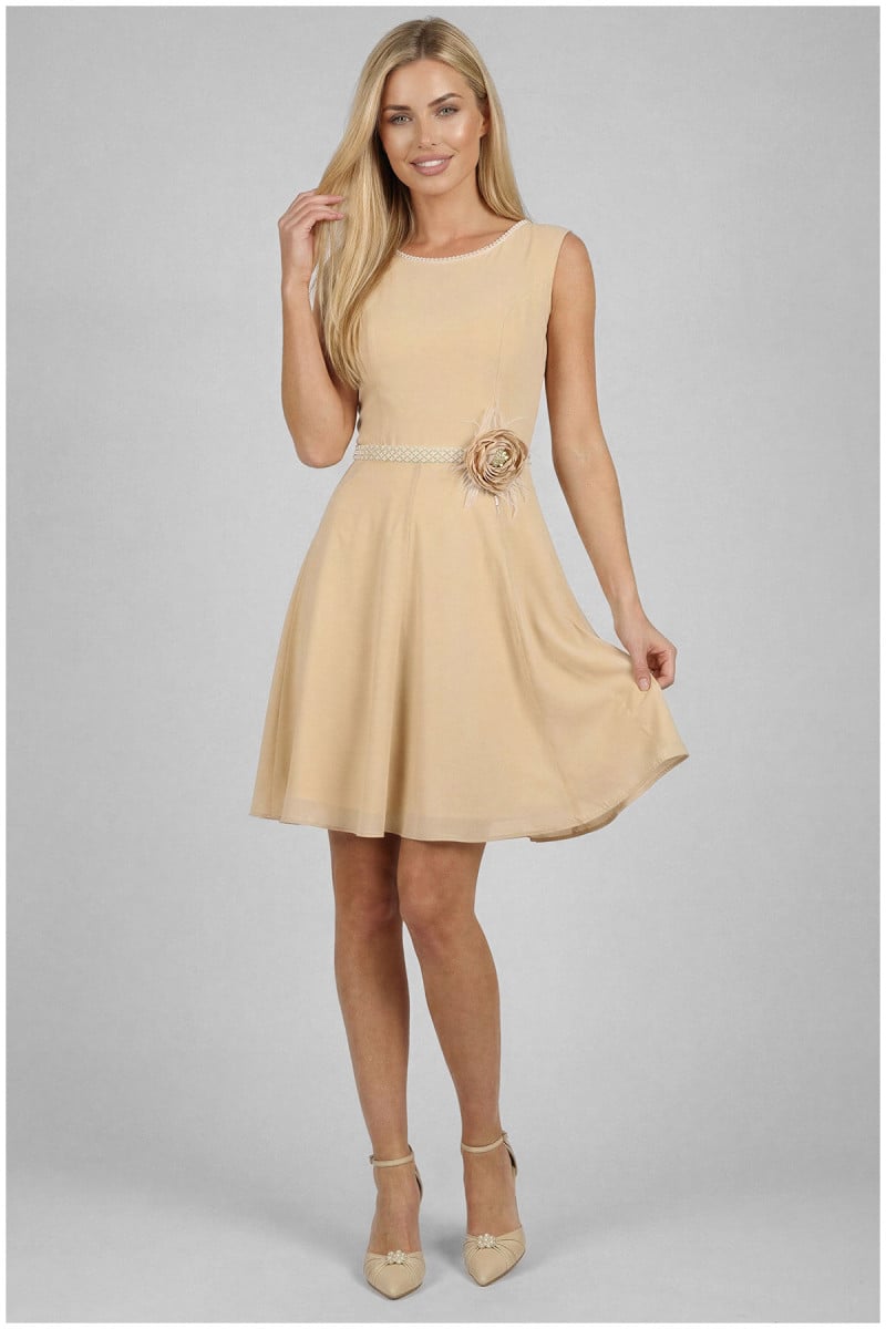 Beige Sleeveless Fit-and-Flare Dress with Beaded Waist — Classy Tan Dress
