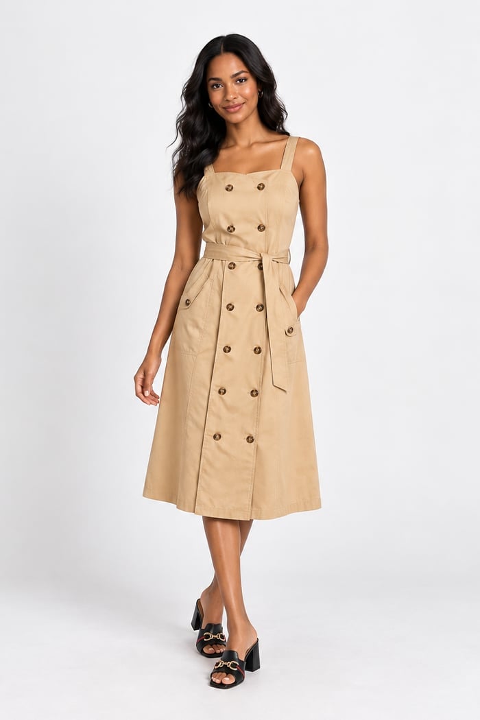 Tan Sleeveless Fit and Flare Midi Dress with Double-Breasted Front — Classy Tan Dress