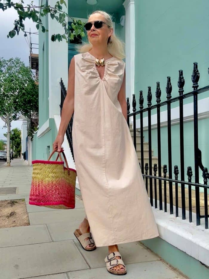 Pale Beige Sleeveless Maxi Dress with Gathered Neckline — Classy Tan Dress