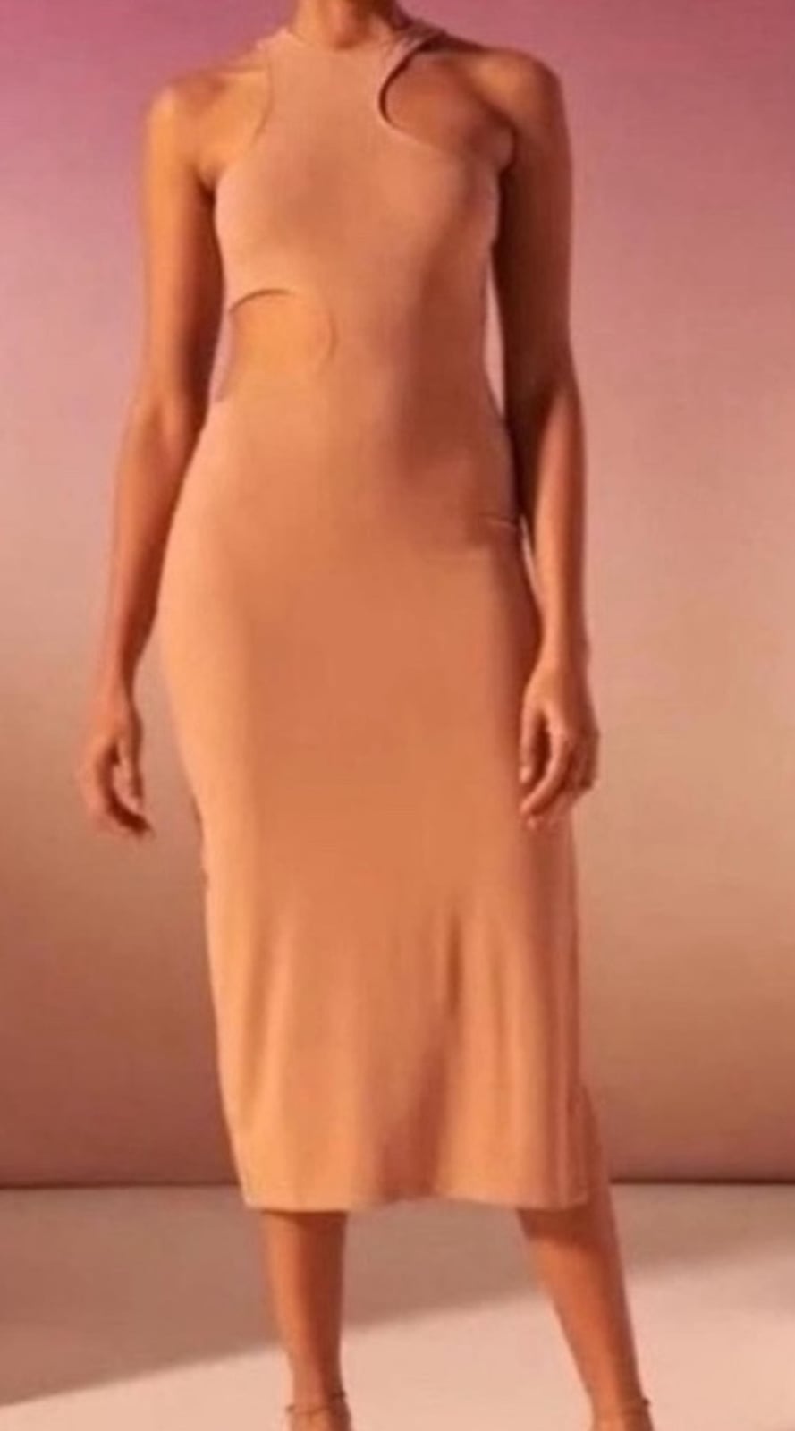 Peach Ribbed Knit Bodycon Midi Dress with Cut-Out Detail — Classy Tan Dress