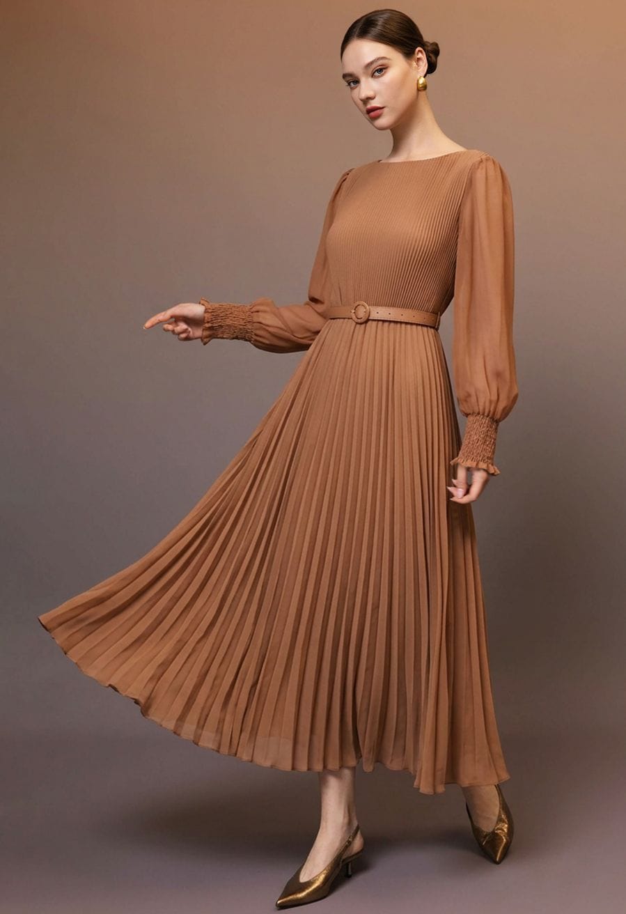 Brown-Beige Pleated Midi Dress with Full Skirt — Classy Tan Dress
