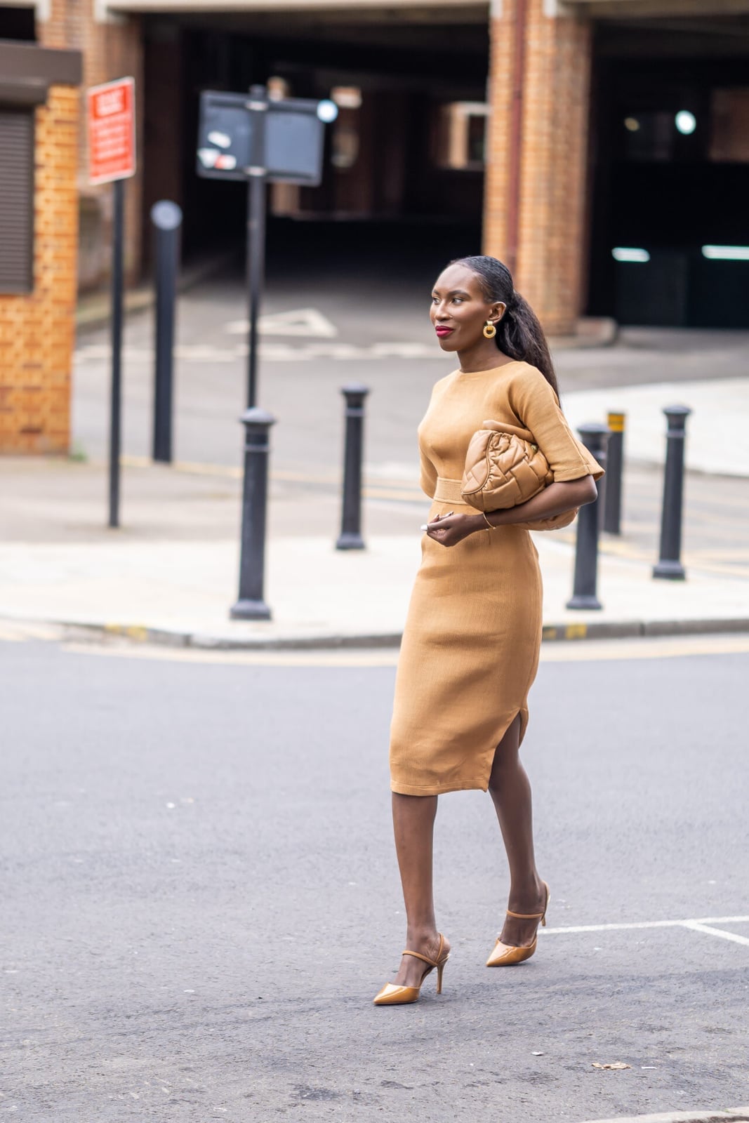 Fitted Tan Textured Midi Dress with Monochromatic Styling — Classy Tan Dress