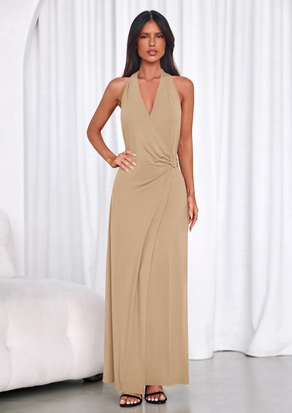 Tan Halter Neck Maxi Dress with Side Drape and Ring Detail — Classy Tan Dress