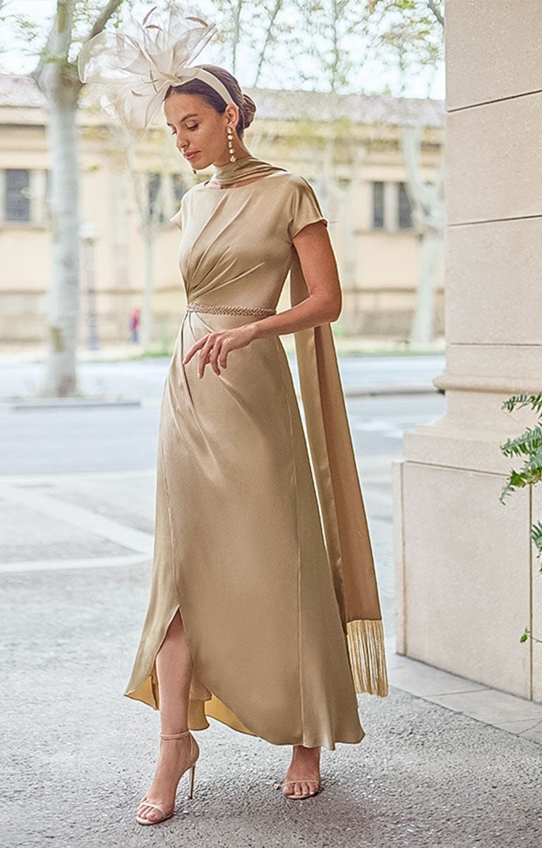 Sand Draped Satin Dress with Cape Detail and Beaded Belt — Classy Tan Dress