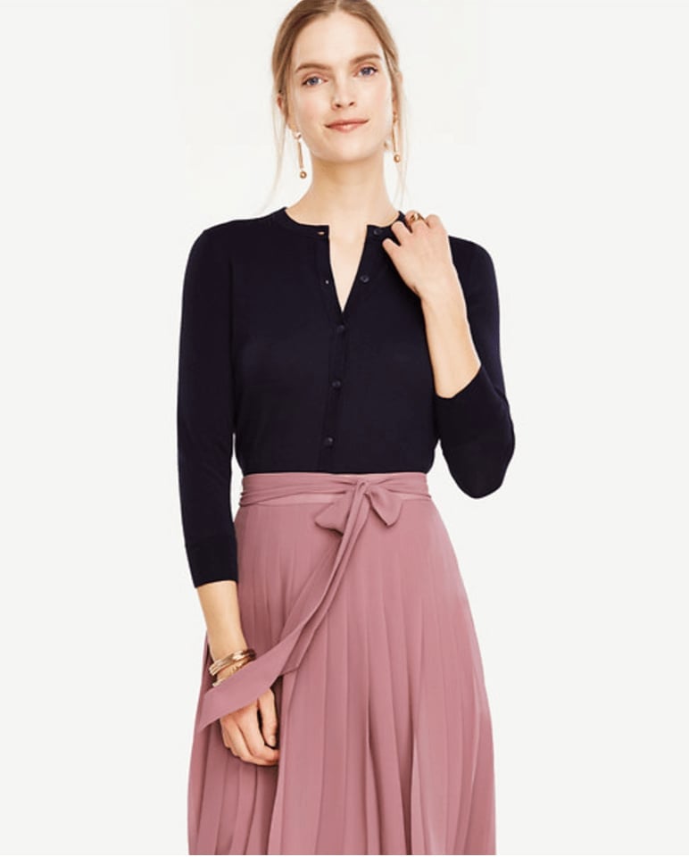 Navy Cardigan with Dusty Rose Pleated Midi Skirt — Classy Teacher Outfits