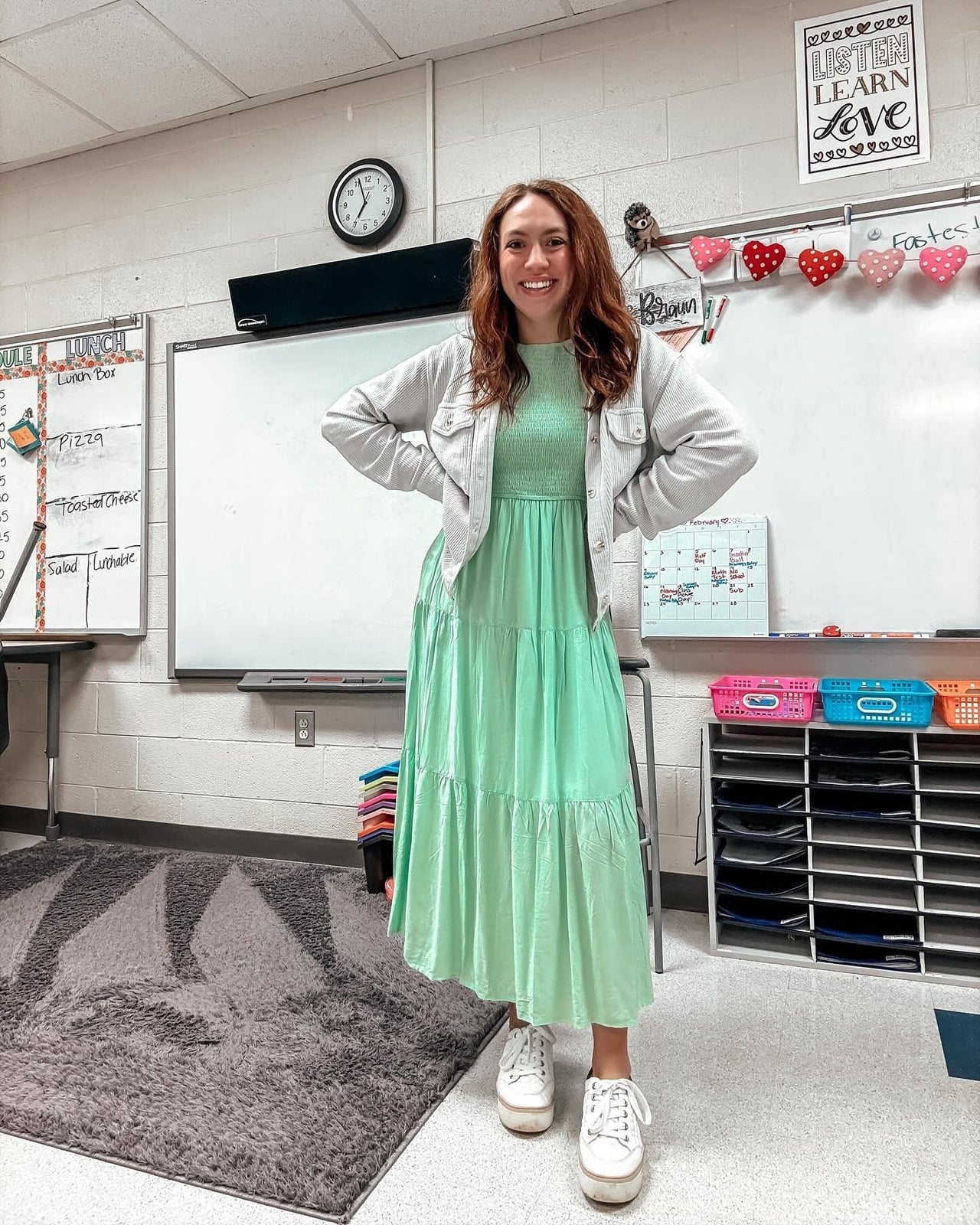 Mint Green Tiered Maxi Dress with Grey Cardigan — Classy Teacher Outfits