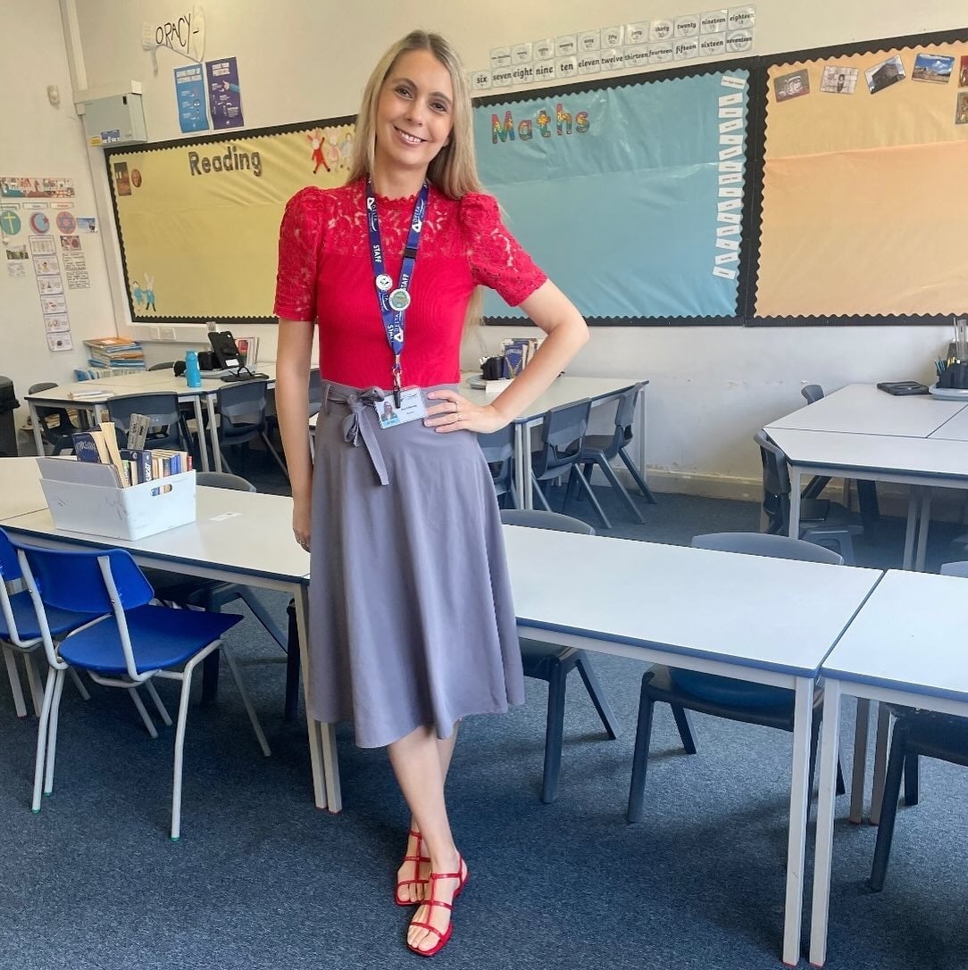 Red Lace Top with Grey A-line Midi Skirt — Classy Teacher Outfits