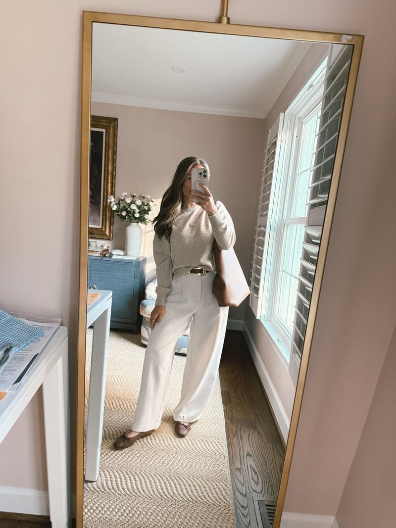 Grey Sweatshirt with Cream Wide-Leg Trousers and Brown Flats — Classy Teacher Outfits
