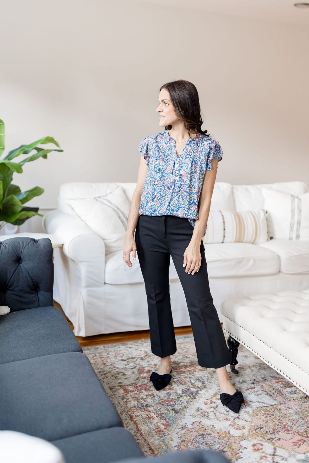 Floral Print Blouse with Black Cropped Trousers and Bow Flats — Classy Teacher Outfits
