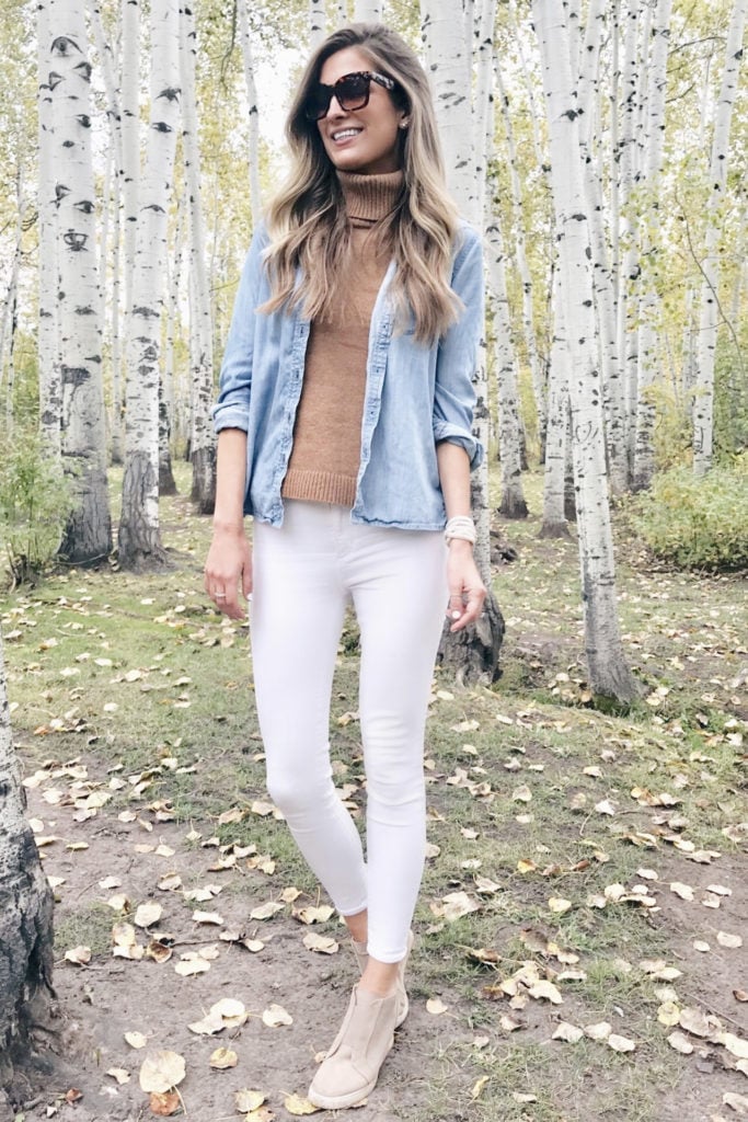 Denim Shirt Over Turtleneck with White Skinny Jeans — Classy Teacher Outfits