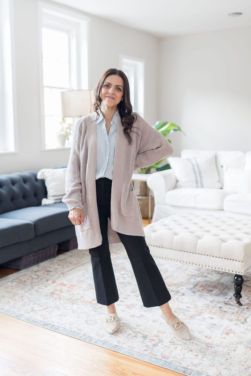Beige Cardigan Over Blue Shirt with Black Straight-Leg Pants — Classy Teacher Outfits