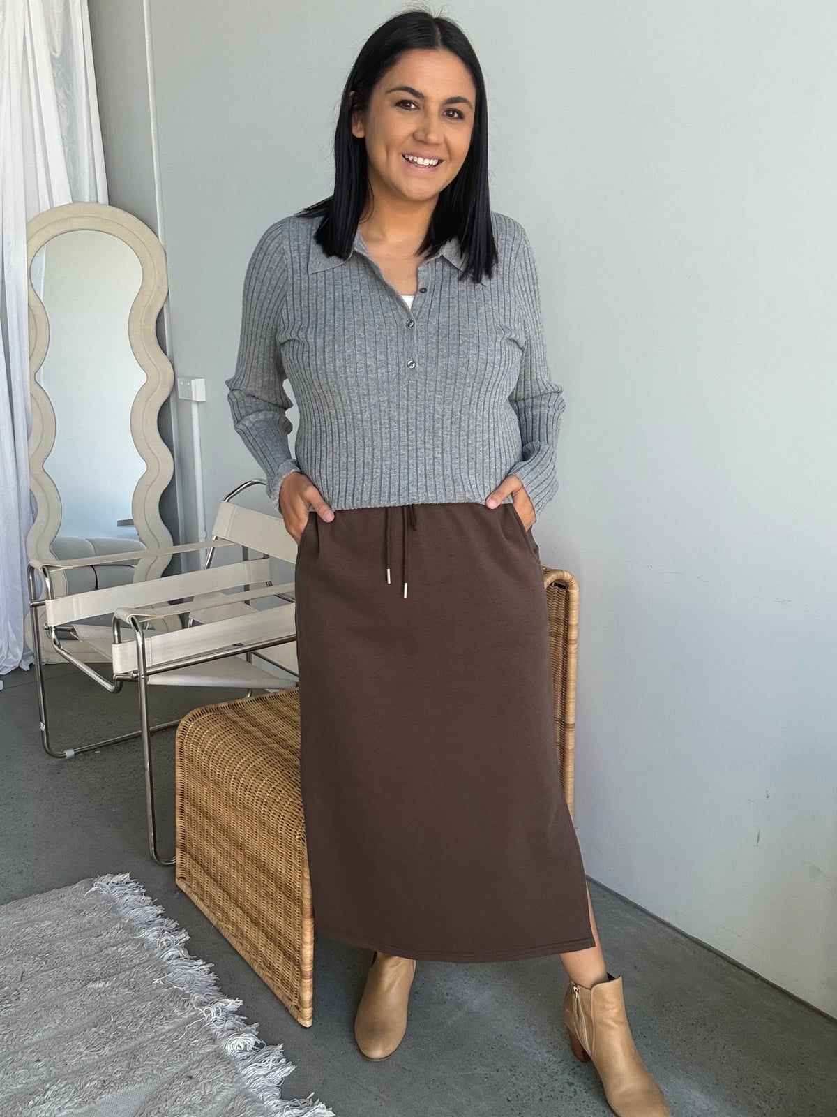 Grey Ribbed Sweater with Brown Midi Skirt and Tan Boots — Classy Teacher Outfits