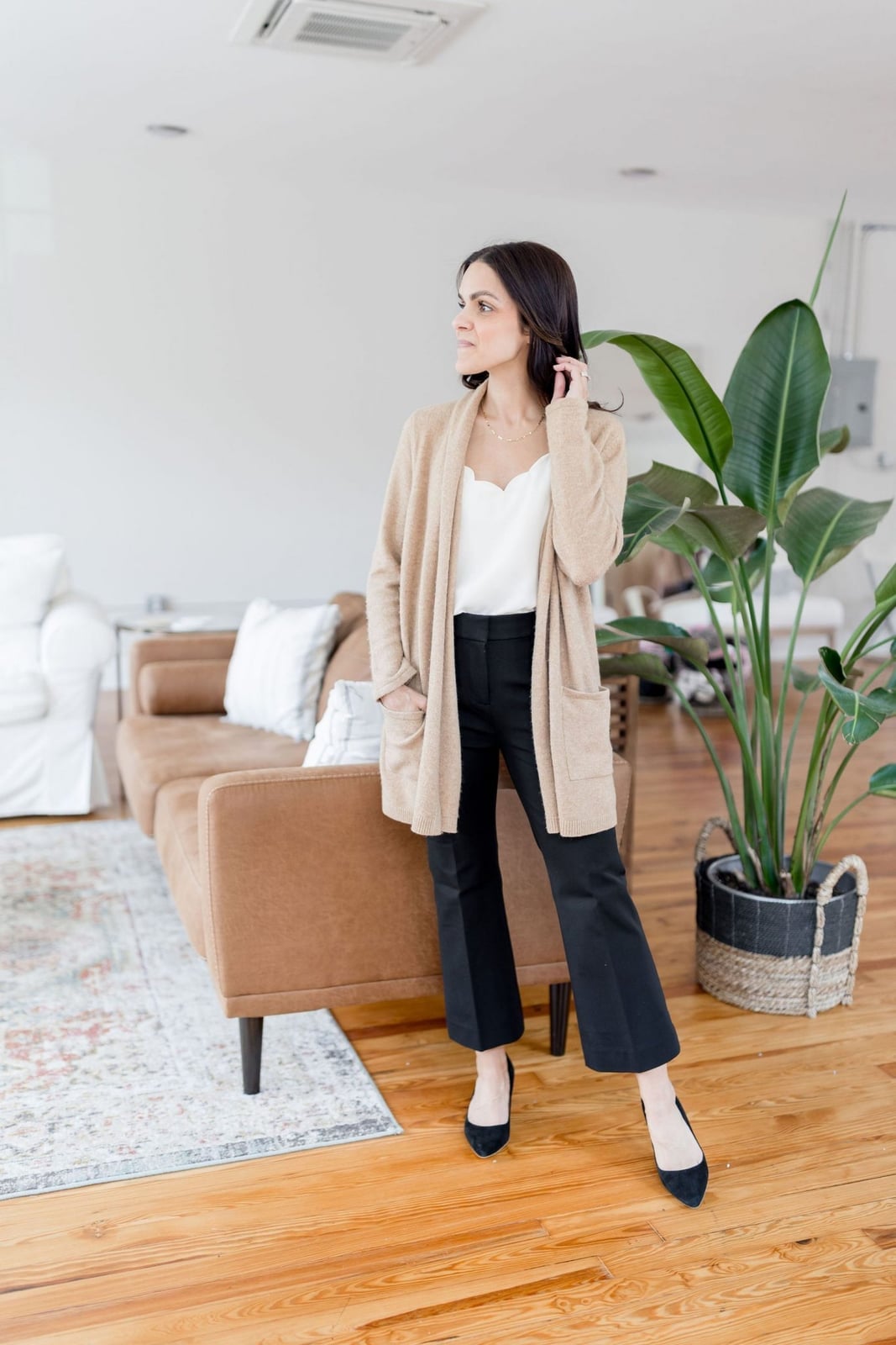 Long Beige Cardigan Over Camisole with Black, Office-Safe Version — Classy Teacher Outfits