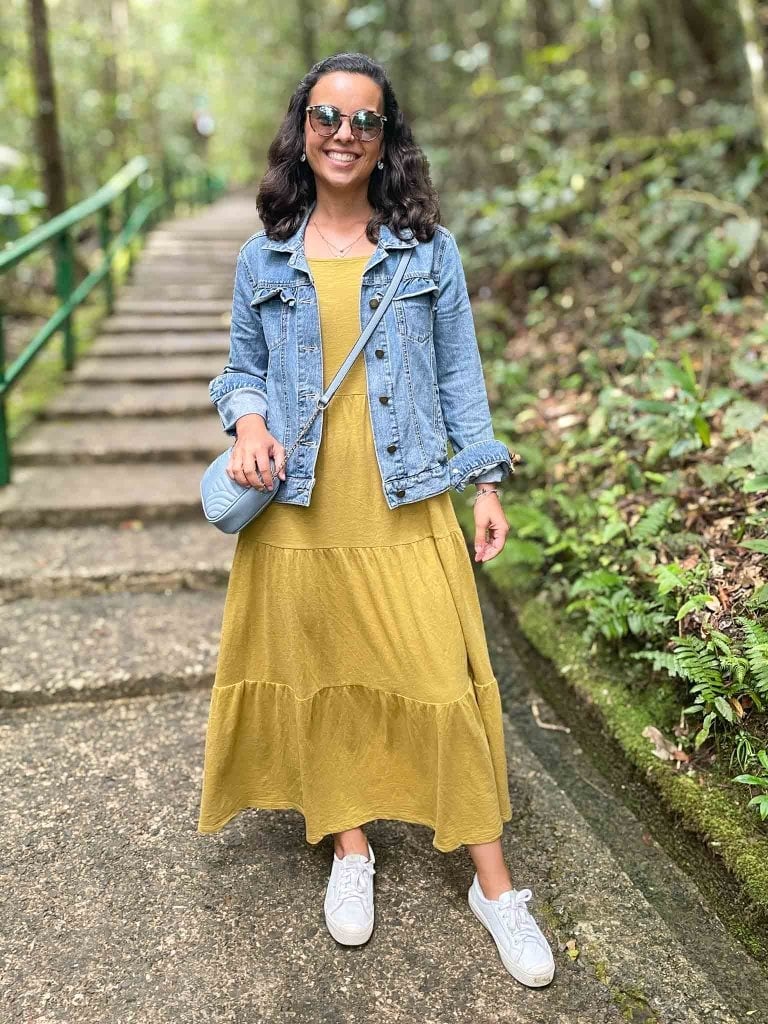 Denim Jacket with Mustard Tiered Midi Dress, Office-Safe Version — Classy Teacher Outfits