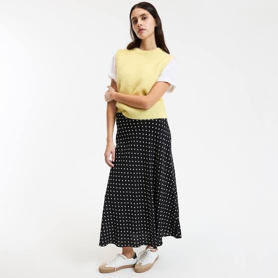 Yellow Sweater Vest Over T-Shirt with Polka Dot Midi Skirt — Classy Teacher Outfits