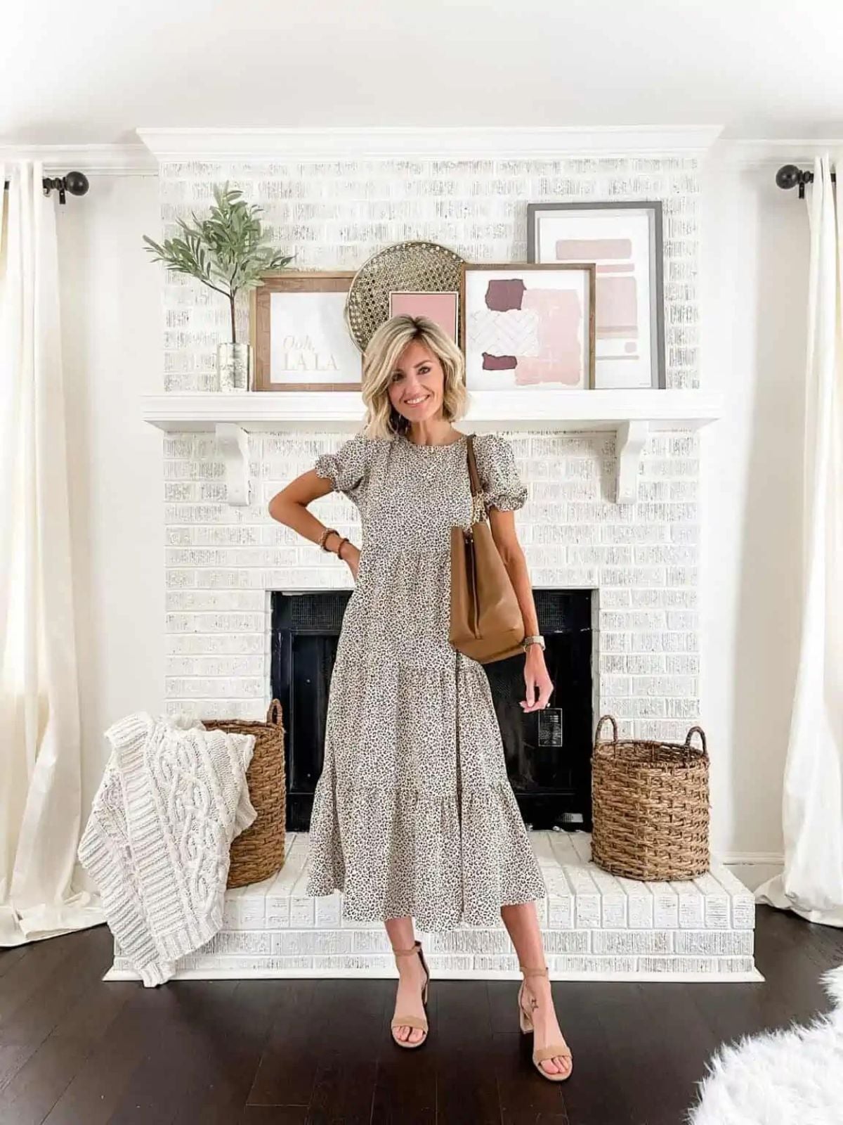 Speckled Print Midi Dress with Nude Block Heels — Classy Teacher Outfits