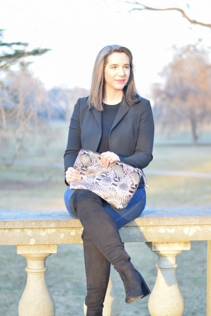 Black Blazer Over Knit Top with Blue Jeans and Over-The-Knee Boots — Classy Teacher Outfits