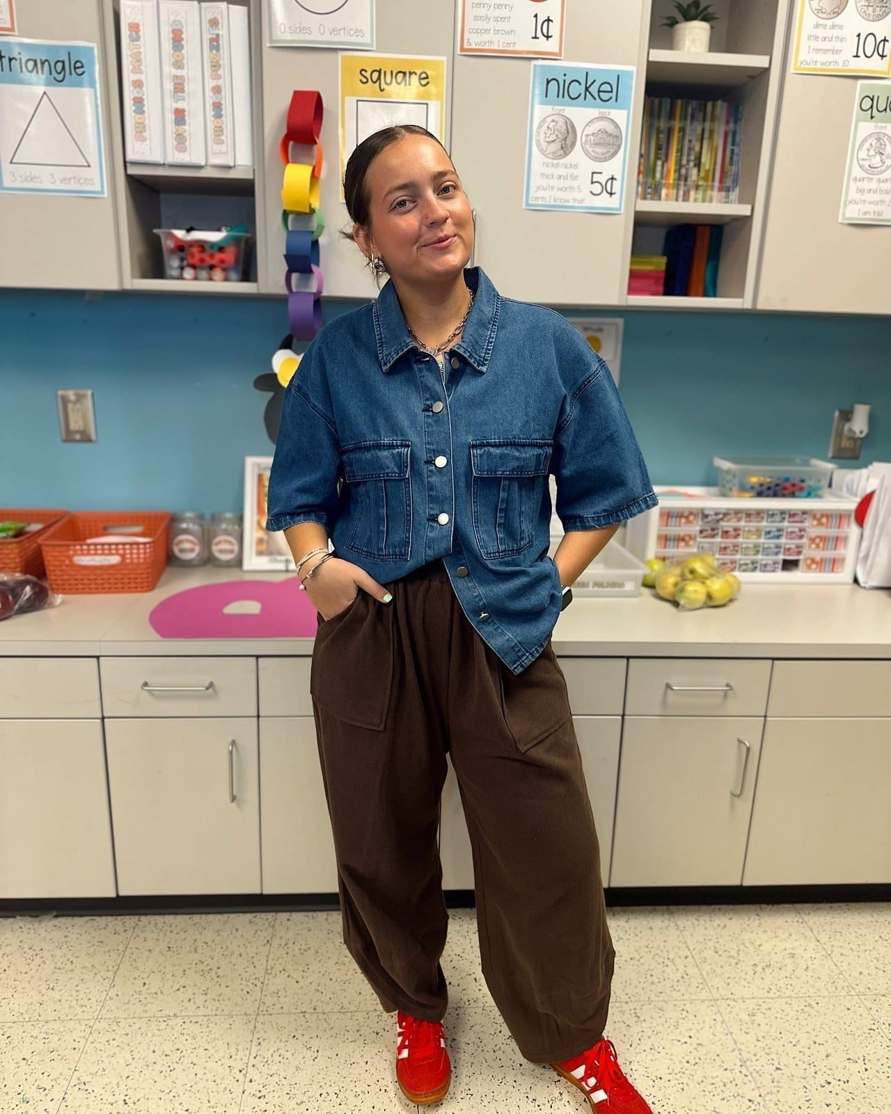Denim Jacket Over White Top with Brown Fleece Pants — Classy Teacher Outfits