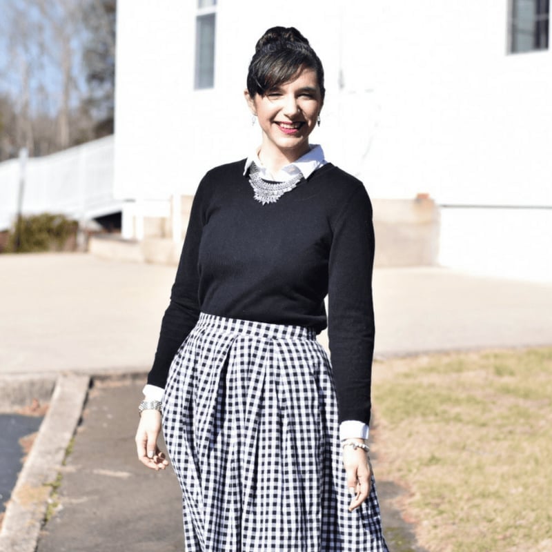 Black Sweater Over White Shirt with Gingham Skirt — Classy Teacher Outfits