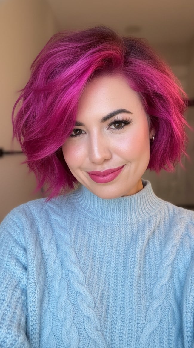 Chin Length Vibrant Fuchsia Pink Bob With Choppy Bangs Chin Length Vibrant Fuchsia Pink Bob With Choppy Bangs — Classy Textured Hair