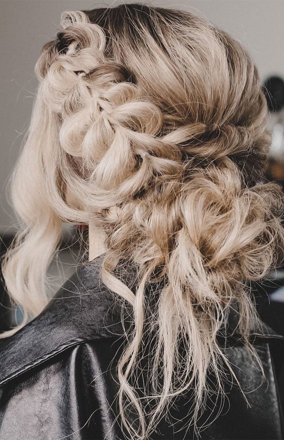 Shoulder Blonde Messy Bun With Braid And Wispy Bangs Shoulder Blonde Messy Bun With Braid And Wispy Bangs — Classy Textured Hair