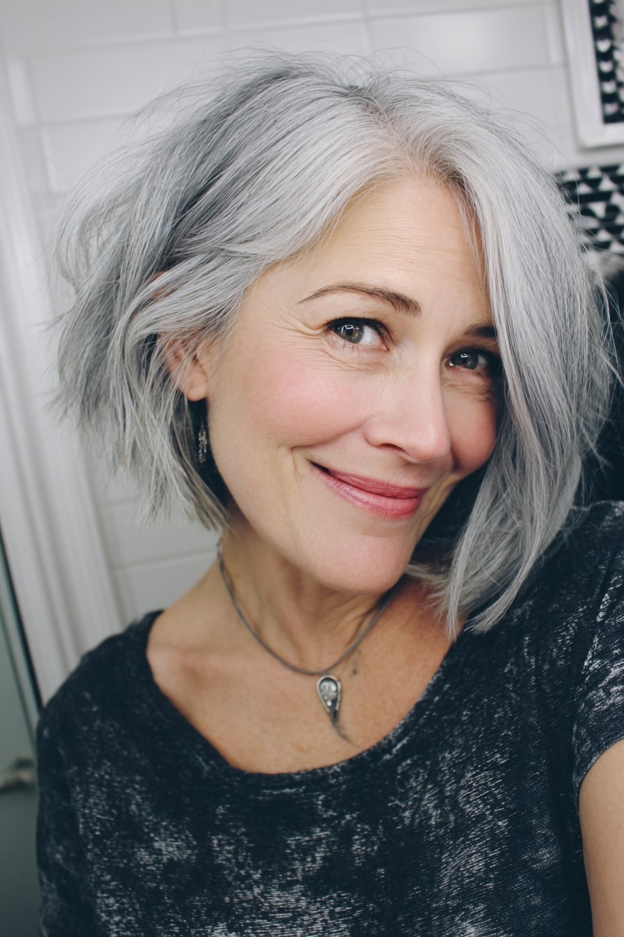 Collarbone Silver Grey Lob With Side-Swept Bangs Collarbone Silver Grey Lob With Side-Swept Bangs — Classy Textured Hair