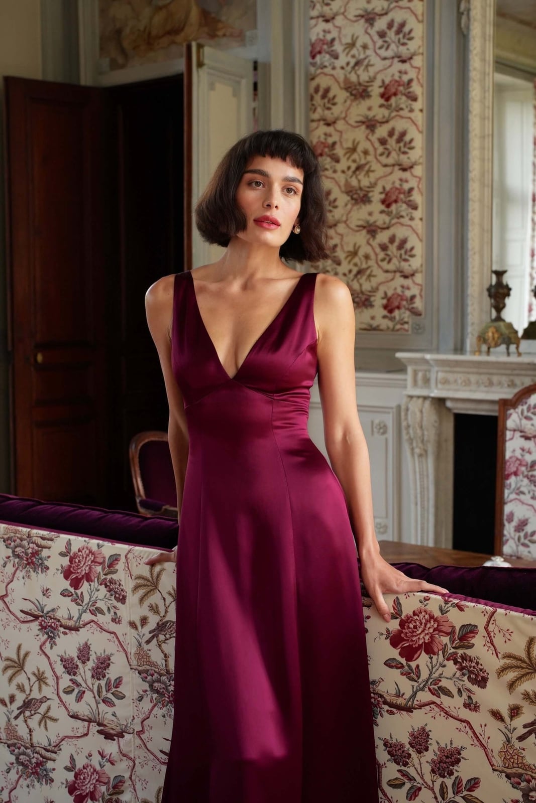Deep Plum Satin Dress With Deep V-Neckline — Classy Theater Outfits