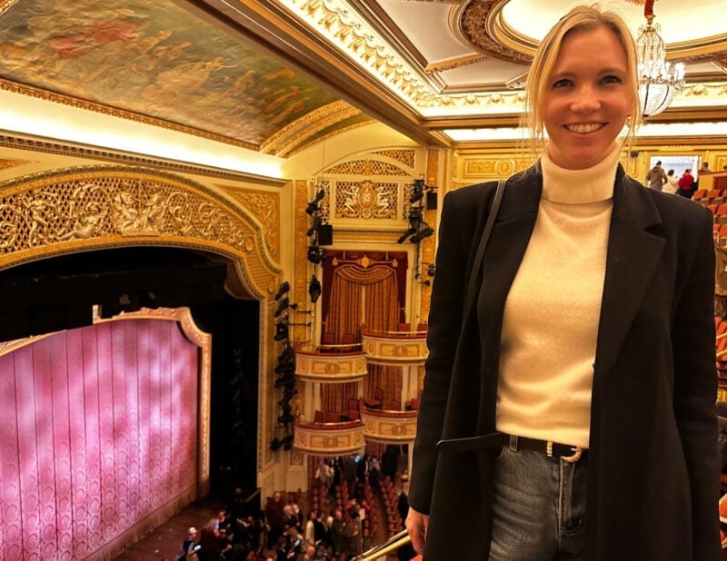 Black Blazer Over Cream Turtleneck and Blue Jeans — Classy Theater Outfits