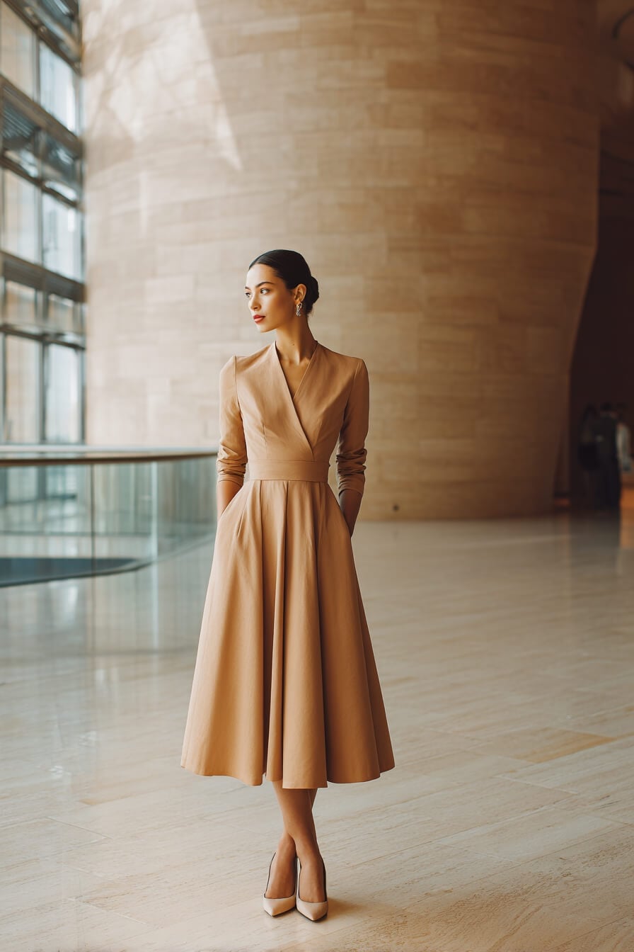 Neutral Beige Wrap Dress With Fit and Flare Midi Silhouette — Classy Theater Outfits