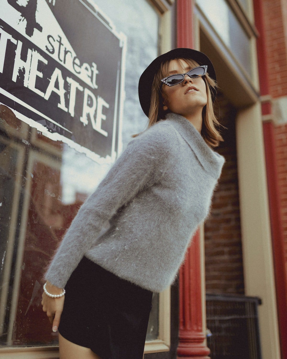 Grey Fuzzy Knit Sweater With Black Mini Skirt — Classy Theater Outfits