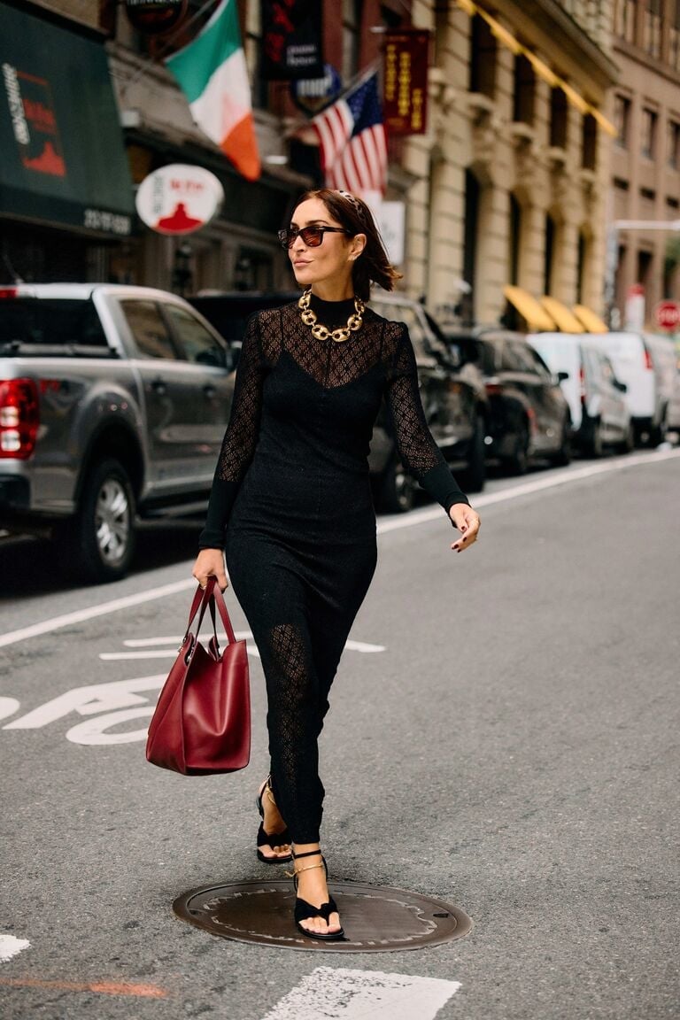 Black Long Sleeve Lace Dress With Gold Chain Necklace — Classy Theater Outfits