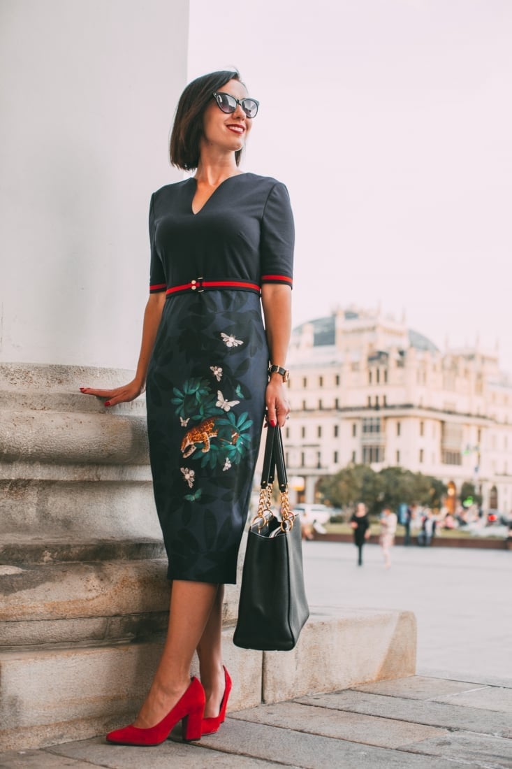 Navy Embroidered Sheath Dress With Red Belt — Classy Theater Outfits